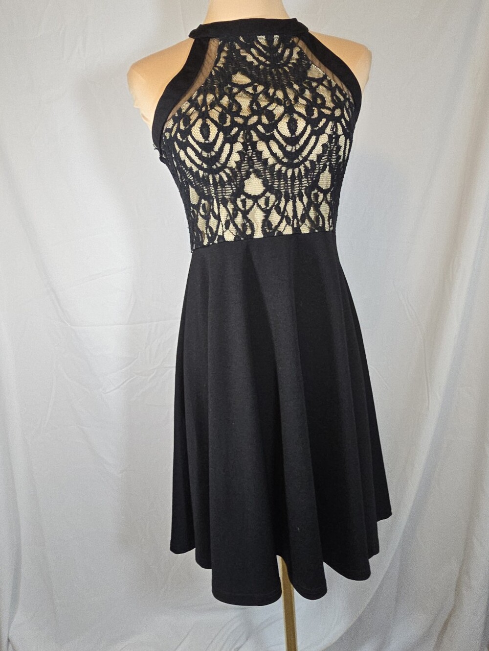 Black Lace Halter Fit & Flare Dress - High Neck Lace Top Skater Dress